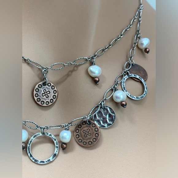 Silpada Vintage Sterling, Copper Coin & Freshwater Pearl 2-Tiered Link Necklace - Picture 4 of 15